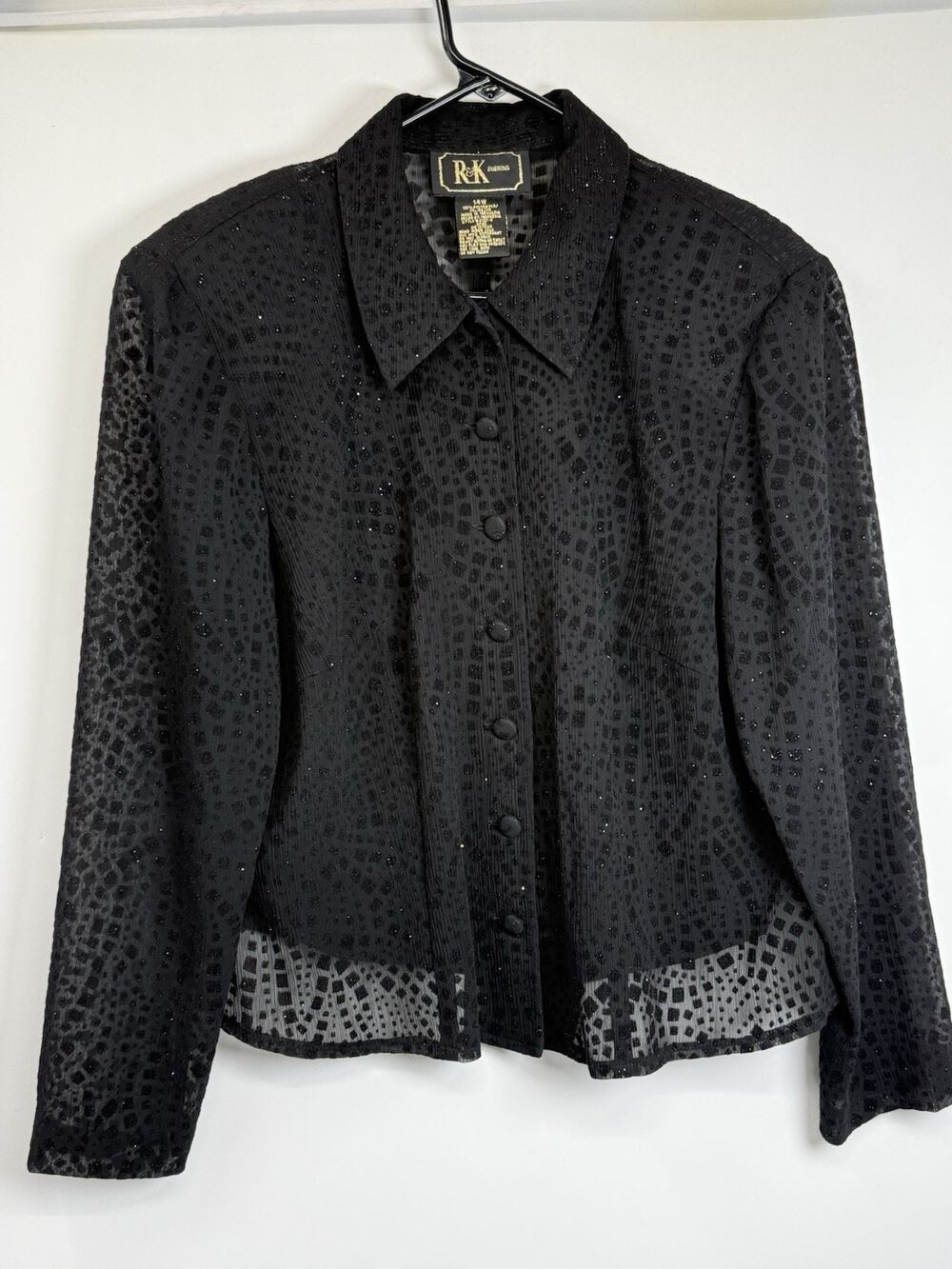 R&K Evening Black Sheer Open Back Textured Blouse 14W Button Front Shimmer Top